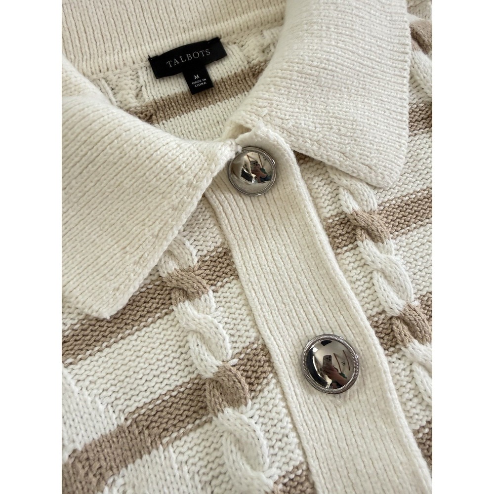 Talbots Striped Cable Knit Collared Cardigan Cream Tan Button Sweater M - Picture 2 of 9